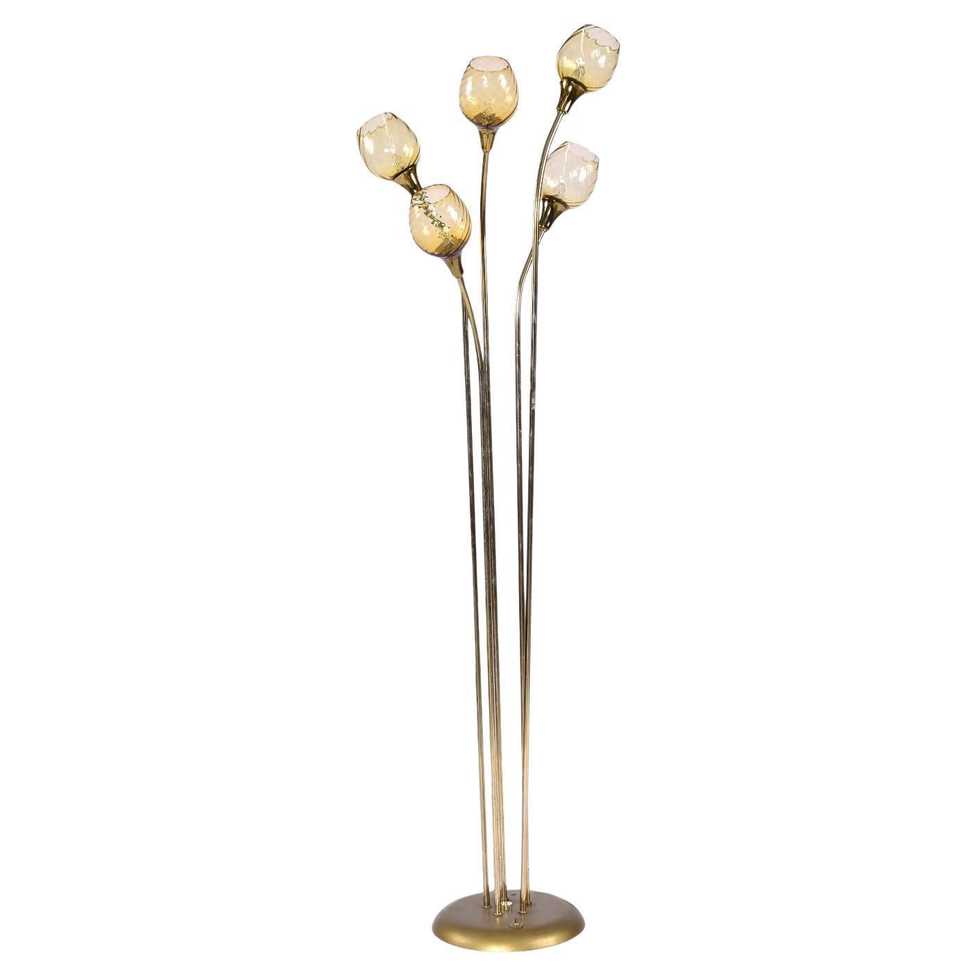 5-Head Gold Brass Mid-Century Modern Floor Lamp With Amber Glass Diffusers