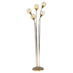 5-Head Gold Brass Mid-Century Modern Floor Lamp With Amber Glass Diffusers