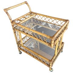 Vintage Rattan Bamboo Serving Bar Cart Two Tier Italian Mirror & Brass Castors