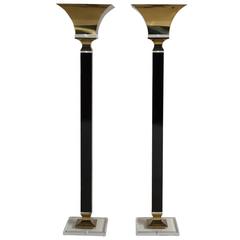 Tall Pair of Black and Tarnished Brass Bauer Floor Lamps, 1980s
