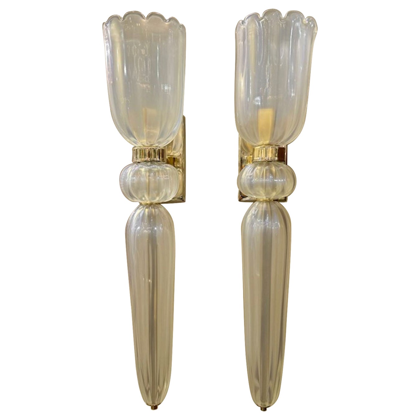 Pair of Opalescent Murano Glass Cone Form Sconces