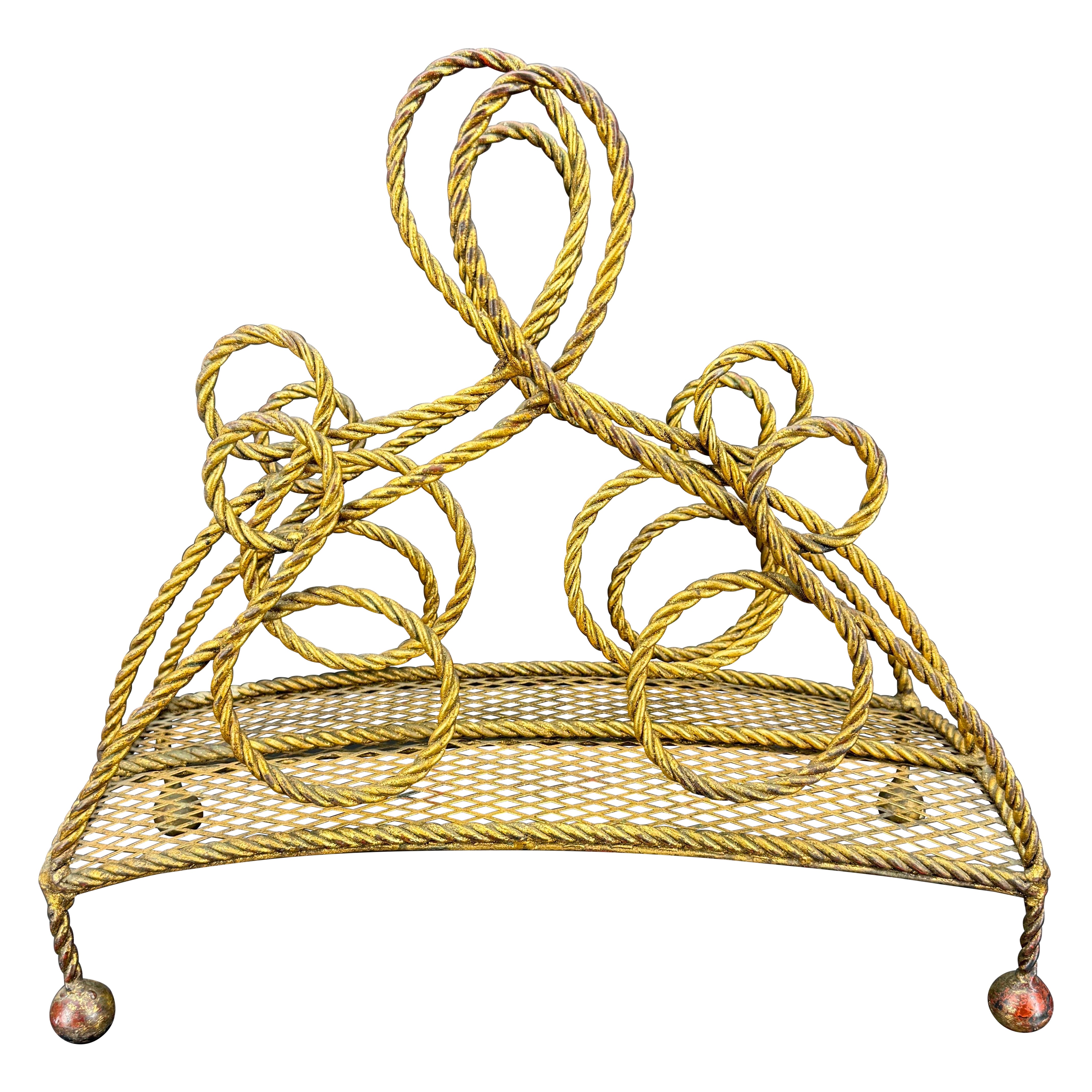 Italian Mid-Century Gilt Roped Metal Magazine Rack For Sale