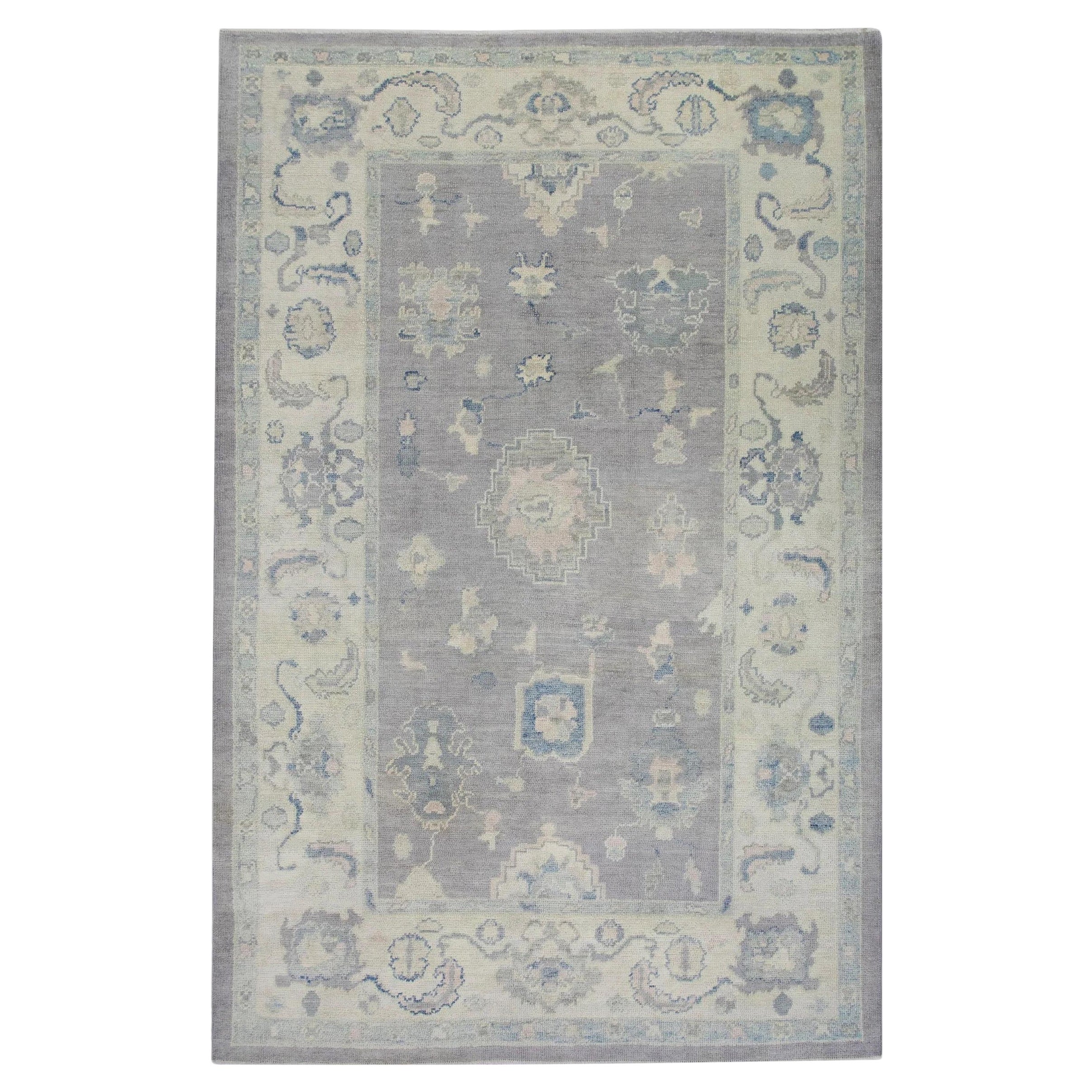 Turkish Oushak Rug Handmade Wool Purple Floral Blue 6'5" x 9'6"