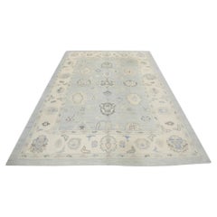 Alfombra Turca Oushak Tejida a Mano Lana Suave Floral Azul y Marrón 6'1" x 8'10"
