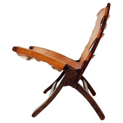 Fauteuil pliant en cuir et bois, milieu du siècle, 1950