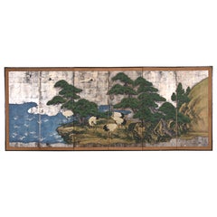 Biombo japonés de seis paneles con grullas, Escuela de Kano, Siglo XVIII-XIX
