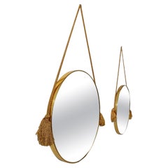 Pair of Mid 20th Century Italian Round Mirrors in Gilt- metal with Tassels, 50s