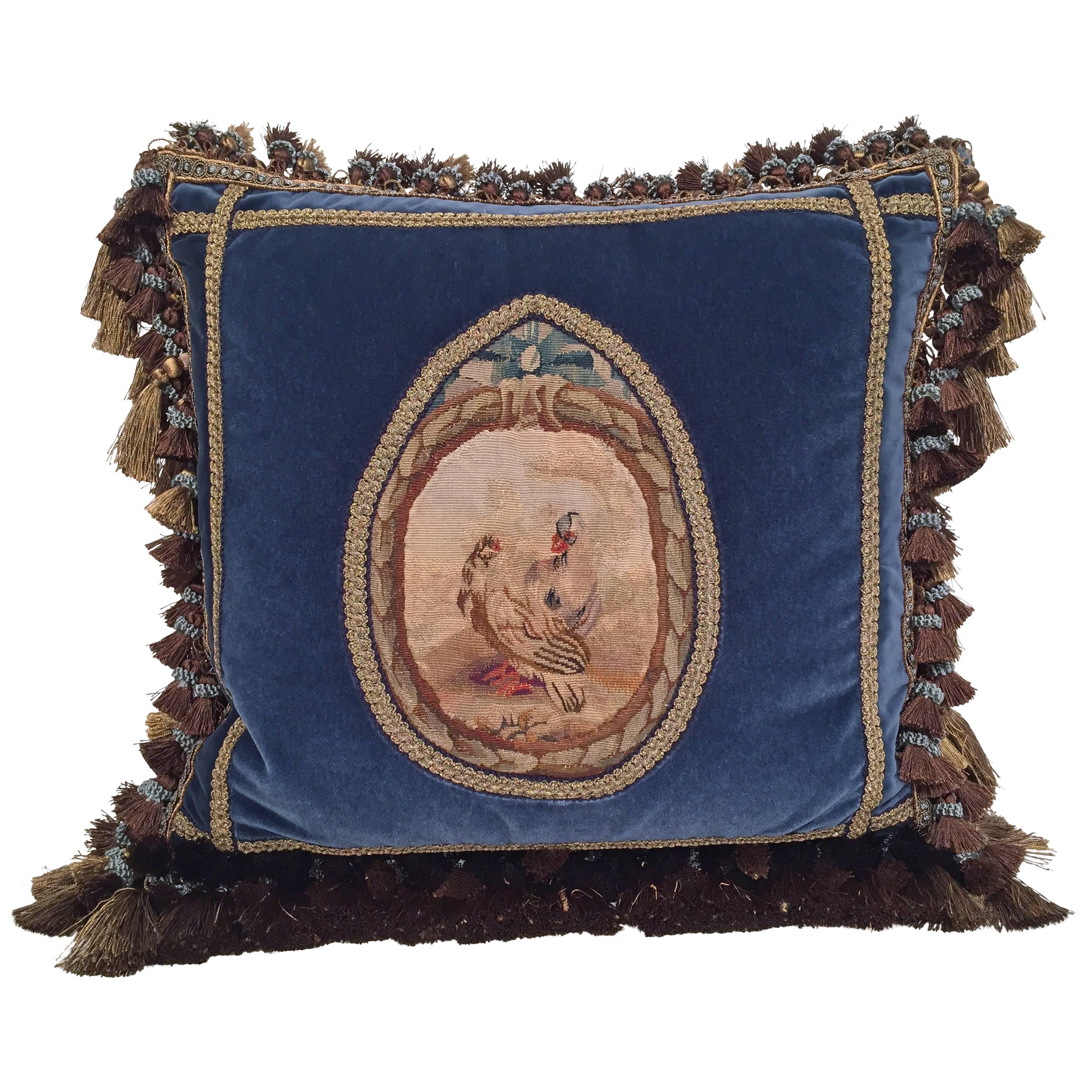 Handmade French Pillow with 18th Century Aubusson Tapestry, Trims and Tassels