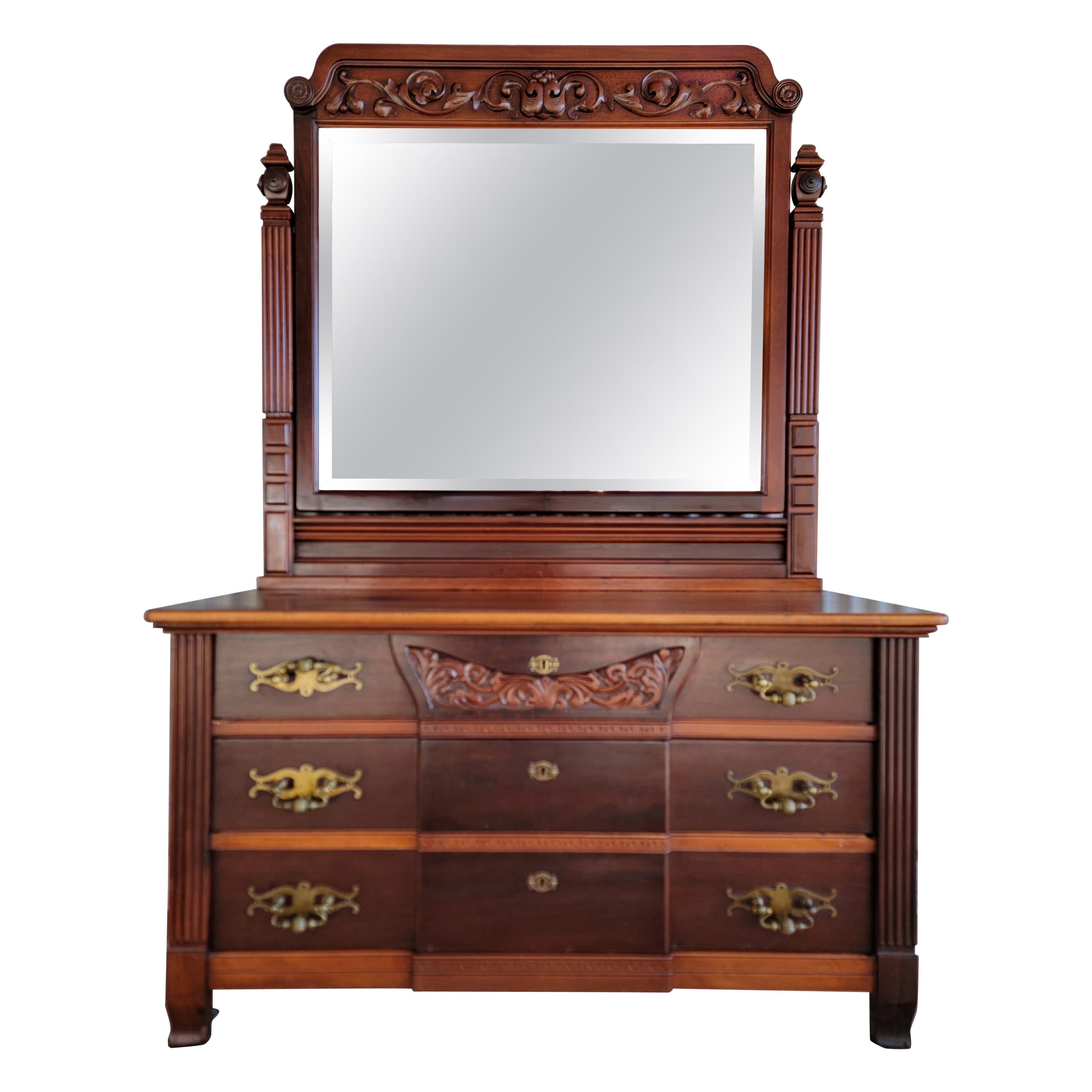 Substantial American Victorian Dresser & Beveled Mirror
