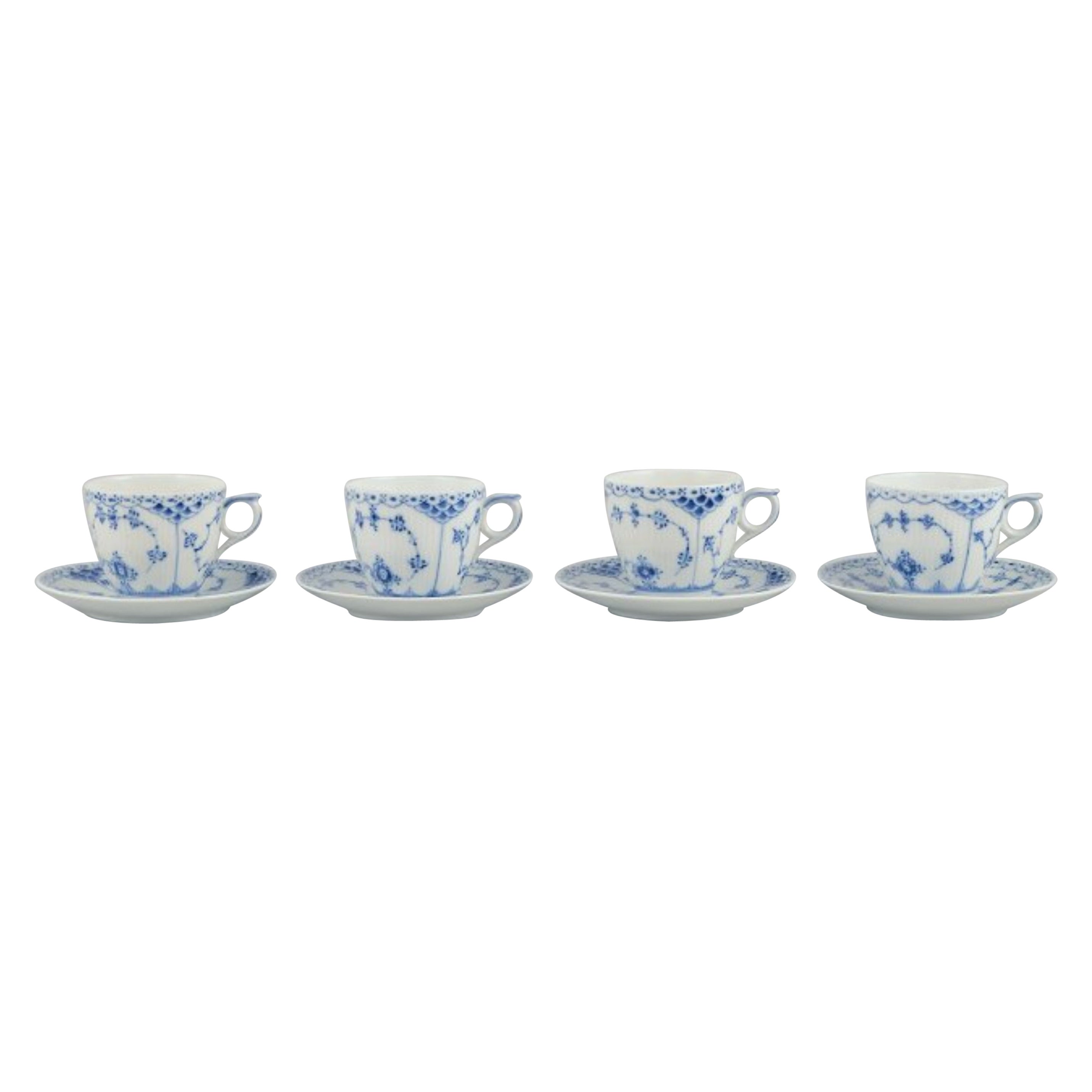 Royal Copenhagen Media Puntilla Acanalada Azul, cuatro pares de tazas de café.