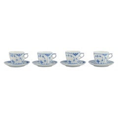 Royal Copenhagen Blue Fluted Half Lace, four pairs of coffee cups.