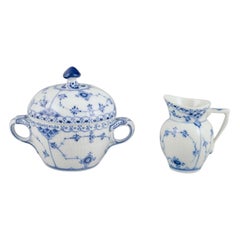 Royal Copenhagen Blue Fluted plain. Creamer and sugar bowl in porcelain.