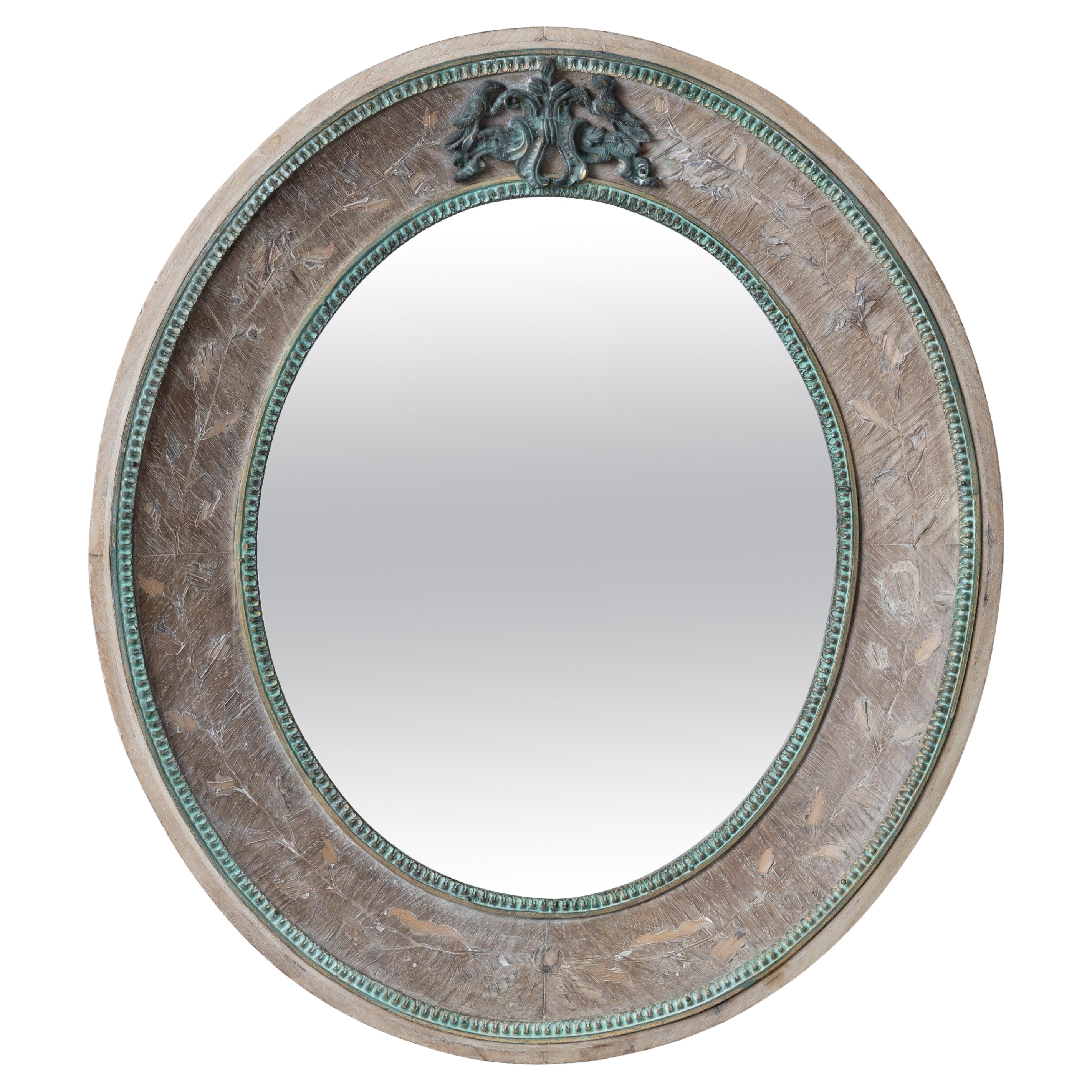 A Bleached French Marquetry Oval Mirror, 19th Century