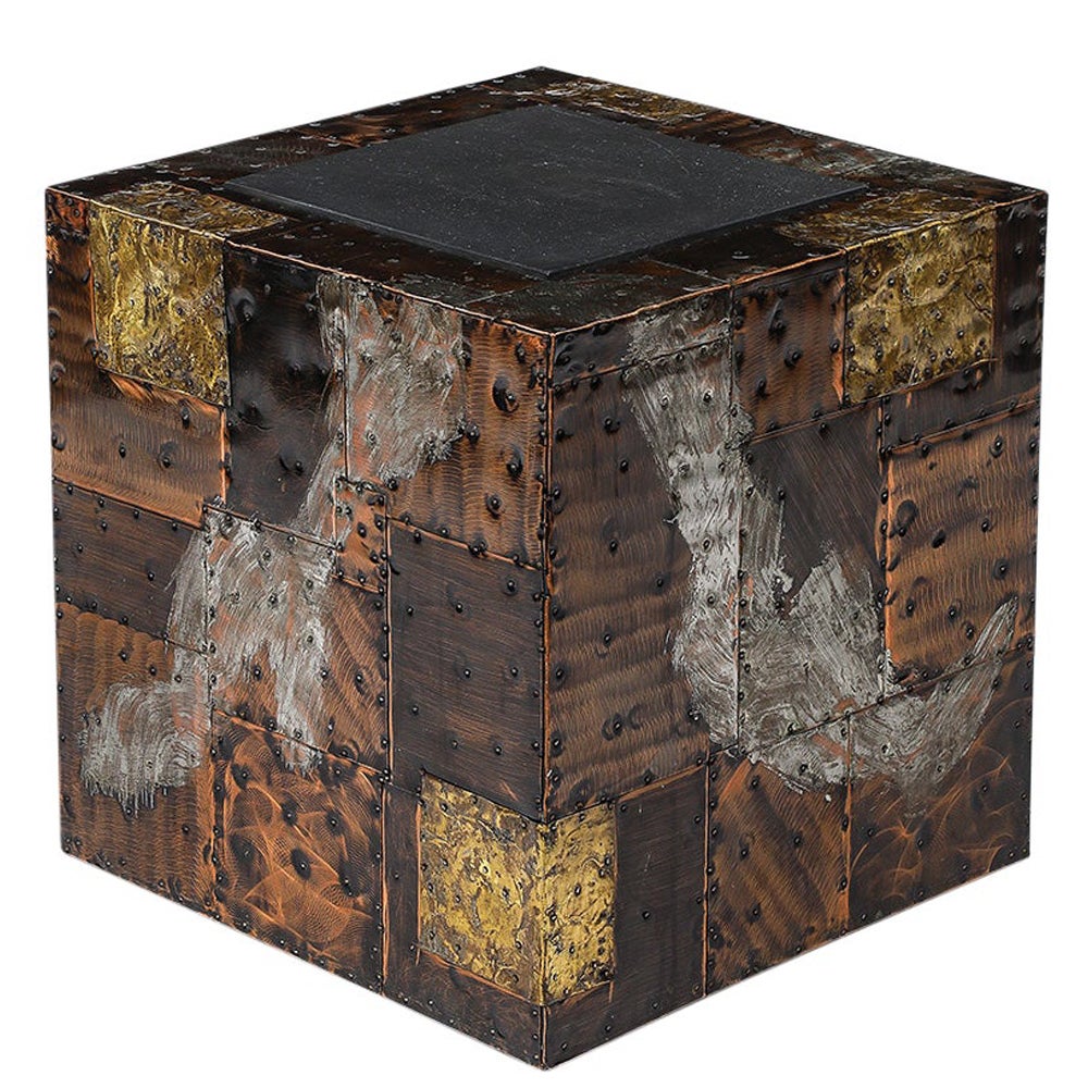Mesa auxiliar Paul Evans, Cobre, Bronce, Peltre, Patchwork, Pizarra