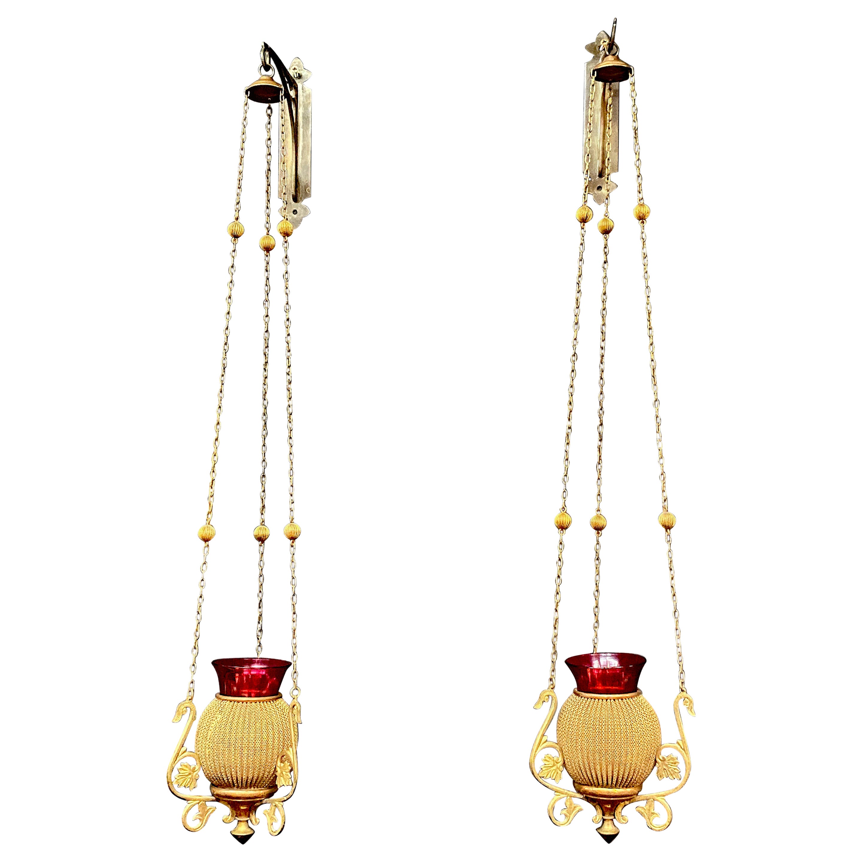 Pair of Small Church Lanterns in Brass and Stained Glass Circa 1930/1950
