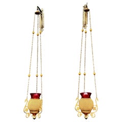 Pair of Small Church Lanterns in Brass and Stained Glass Circa 1930/1950