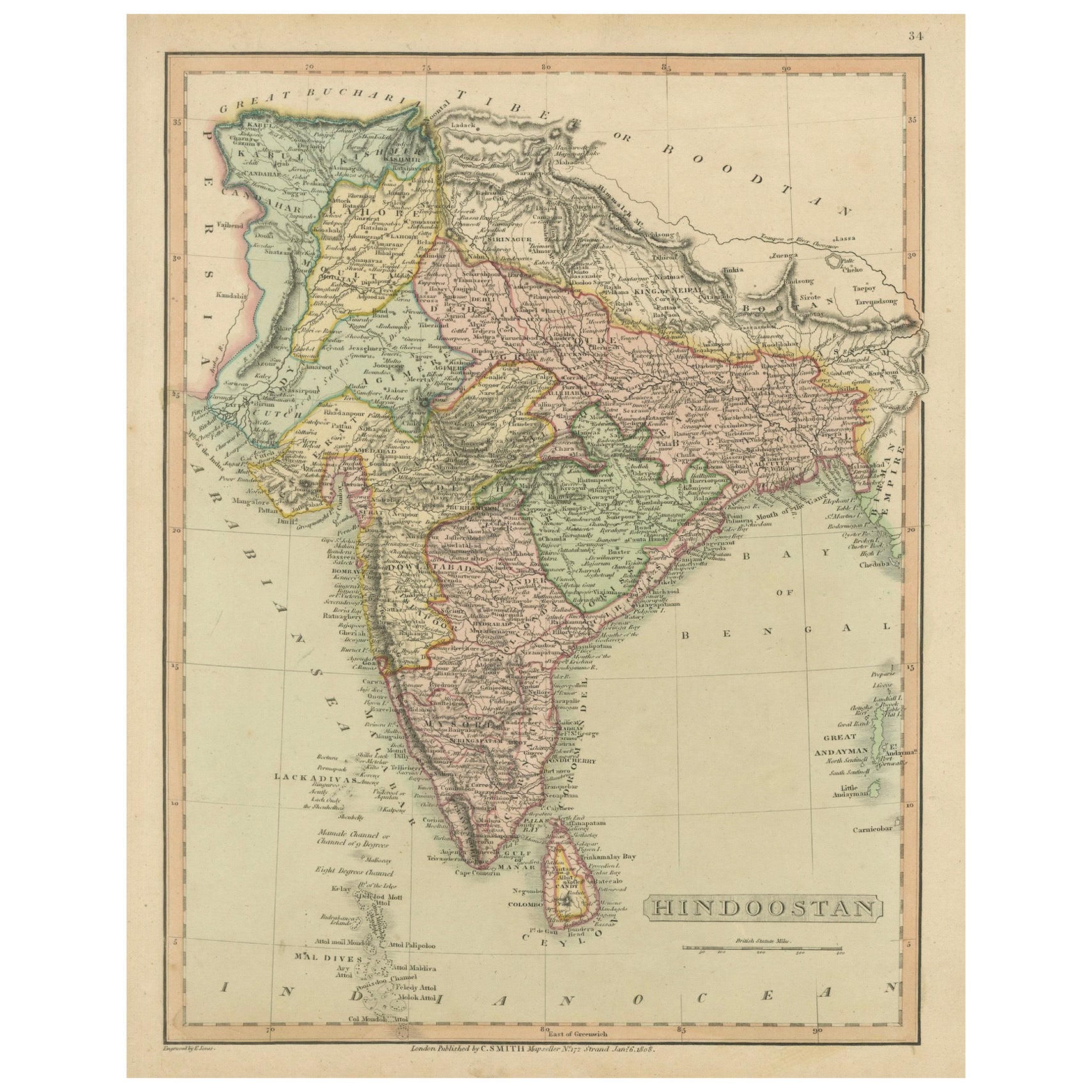 1808 C. Smith Karte von Hindoostan - Britisch Indien mit komplizierten Details