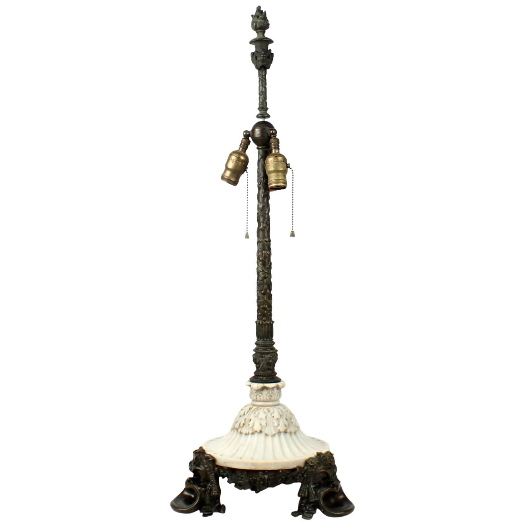 Antique E. F. Caldwell Bronze and Marble Table Lamp with Figural Greek Mask Feet For Sale