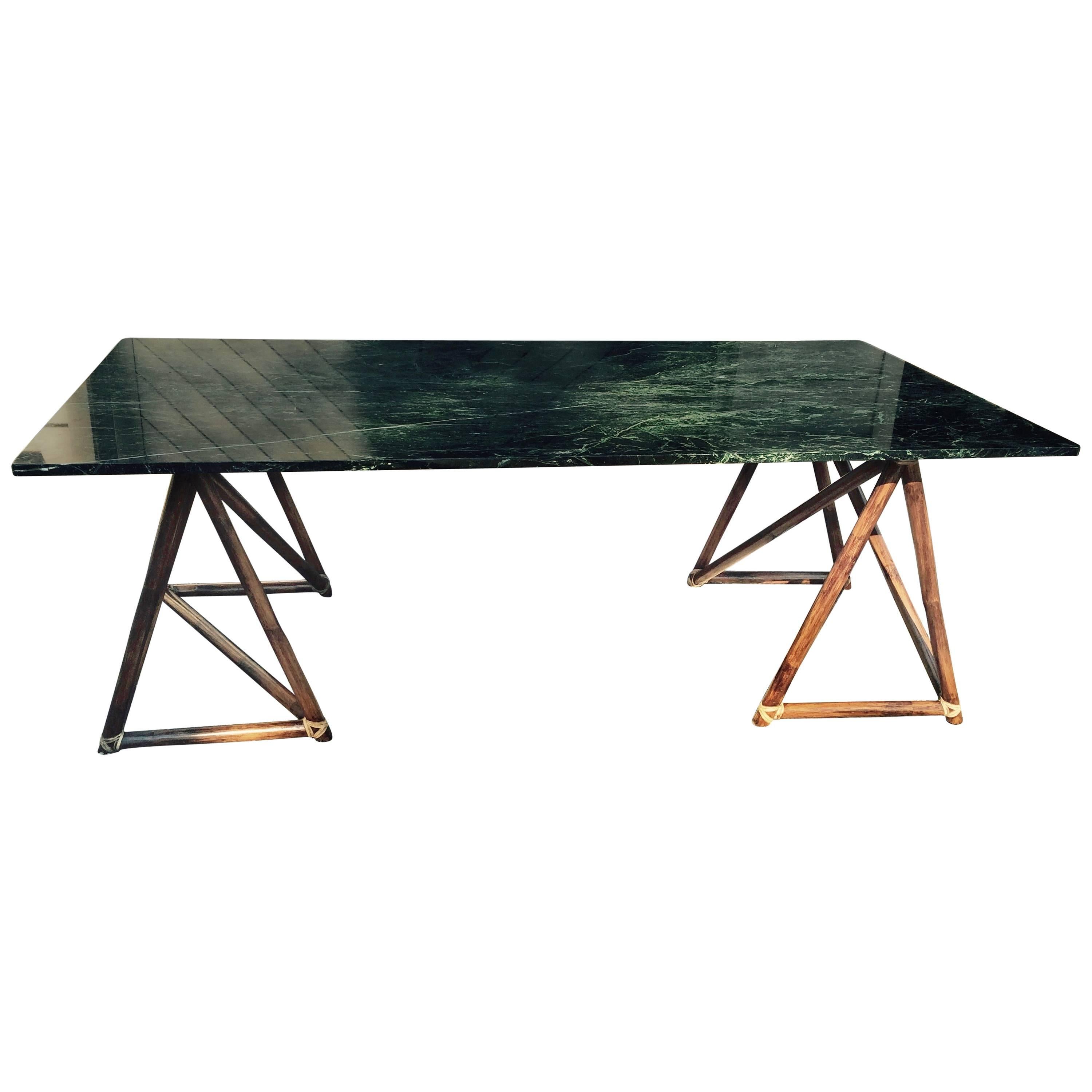 Large Green Marble McGuire Dining Table or Desk with Rattan Wrapped Legs