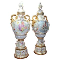 Pair of Dresden Floral Lidded Urns