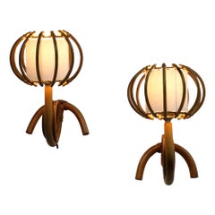 Pair of Bamboo Rattan Louis Sognot Wall Light France 1960
