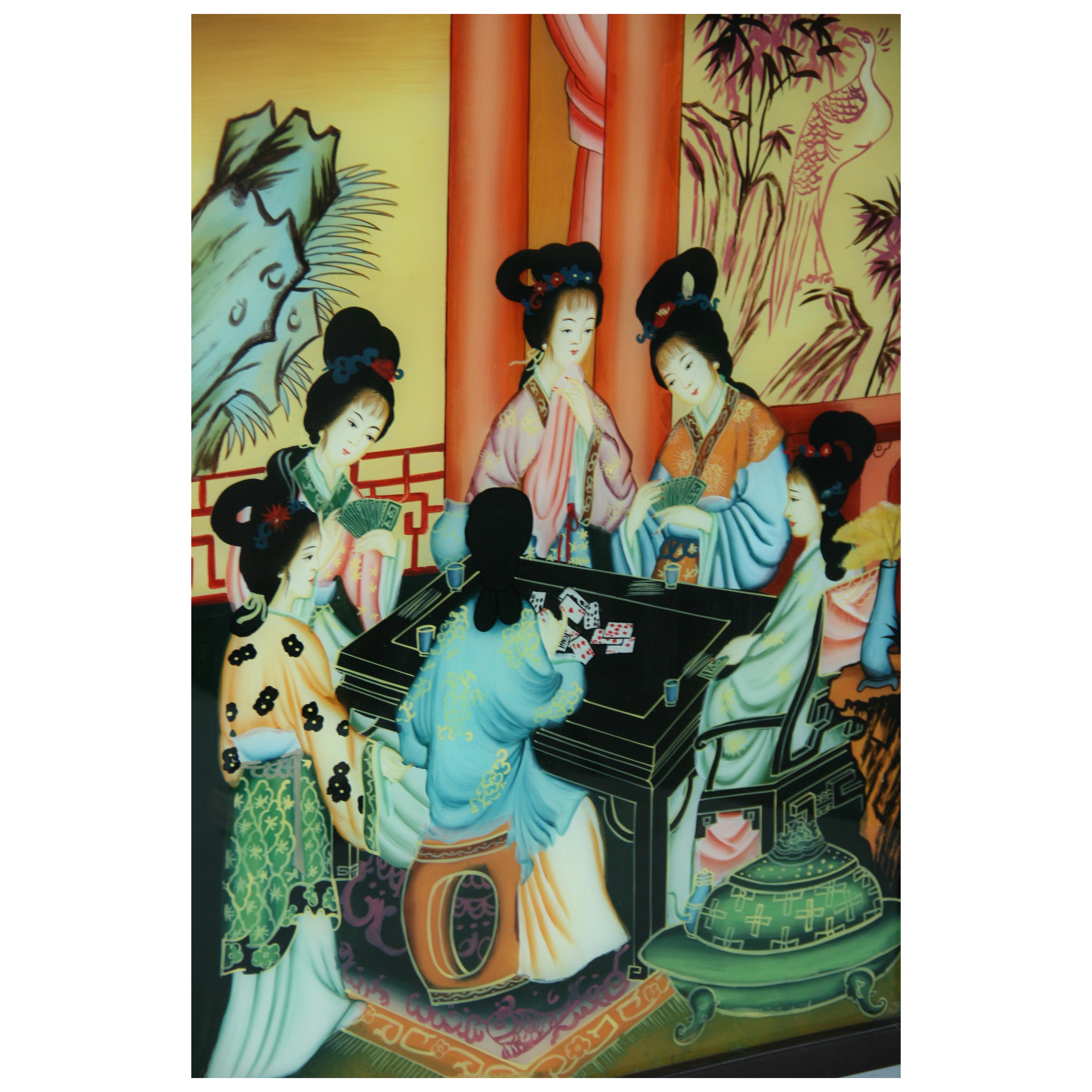 Antique Chinese Export Reverse Painting on Glass"Family Gathering" 1920's