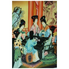 Antigua Pintura China al Reverso de Exportación sobre Vidrio "Reunión Familiar" Años 1920