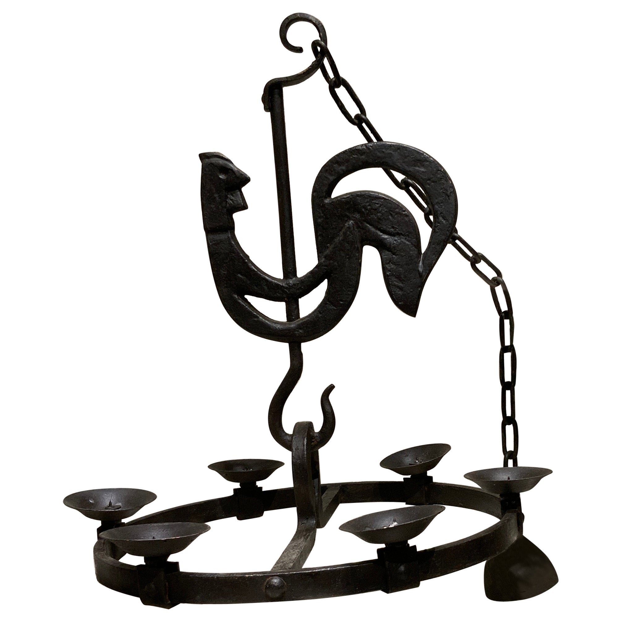Pair of wrought iron chandeliers atelier de Marolles France 1950