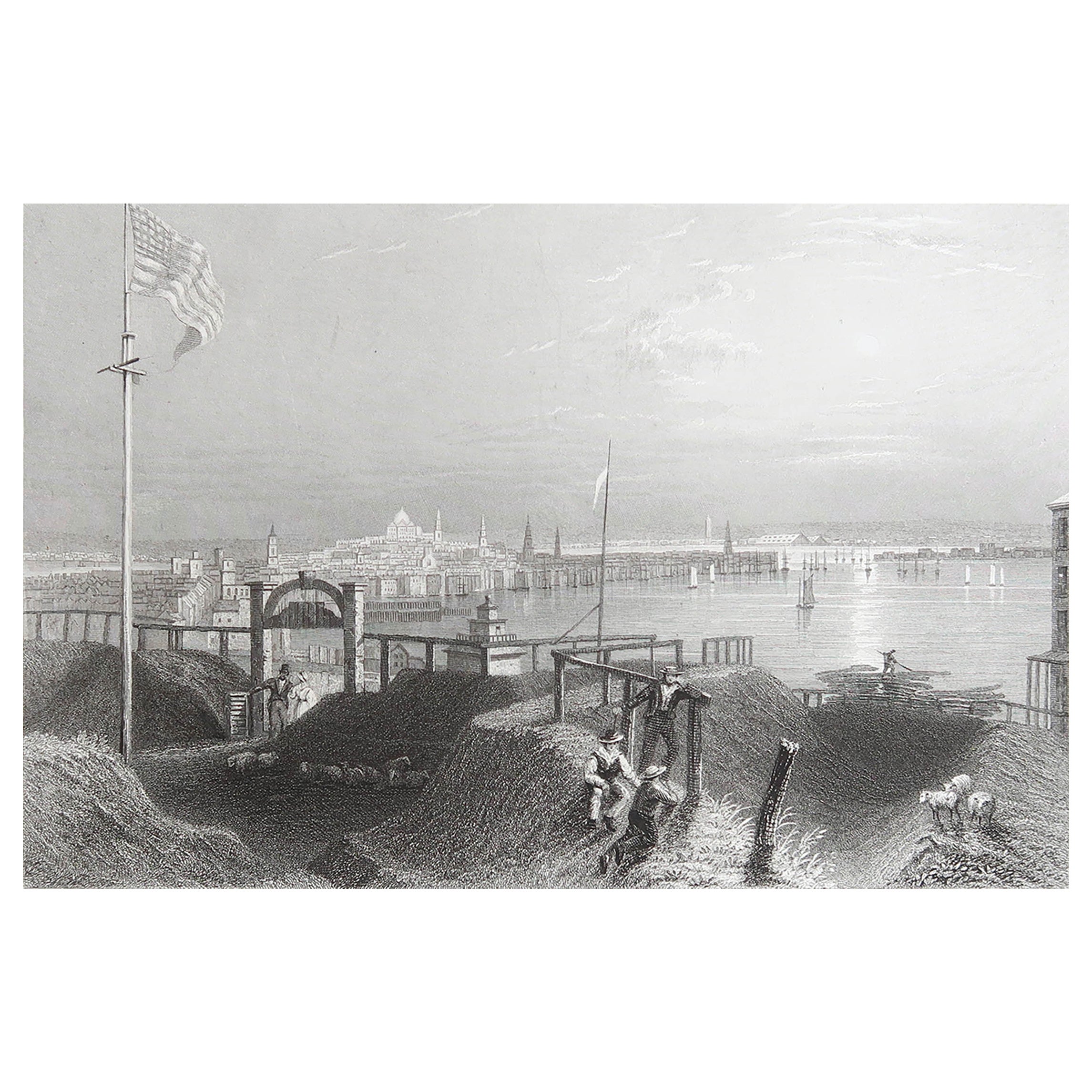 Grabado original antiguo de Boston, Massachusetts. Fechado en 1838