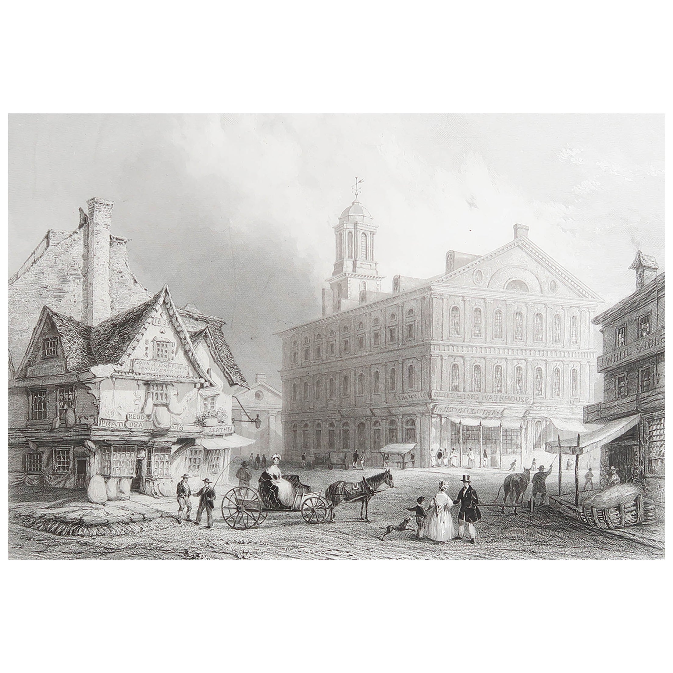 Grabado original antiguo de Faneuil Hall, Boston. Fechado en 1838