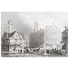 Stampa antica originale di Faneuil Hall, Boston. Datato 1838
