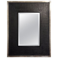 Vintage RALPH LAUREN STYLE BLACK FAUX CROCODiLE LEATHER CHROME WALL MIRROR