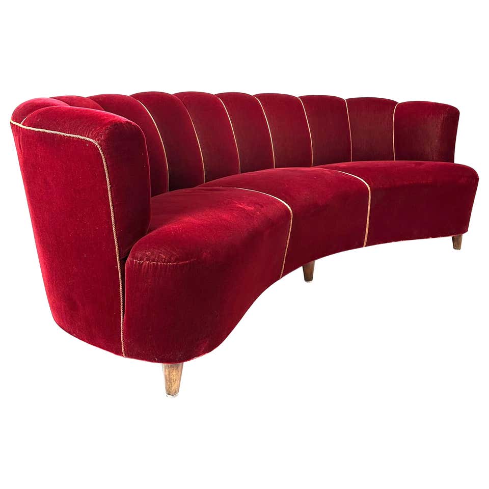 Danish Curved Sofa in Floral Red Upholstery For Sale at 1stDibs ...