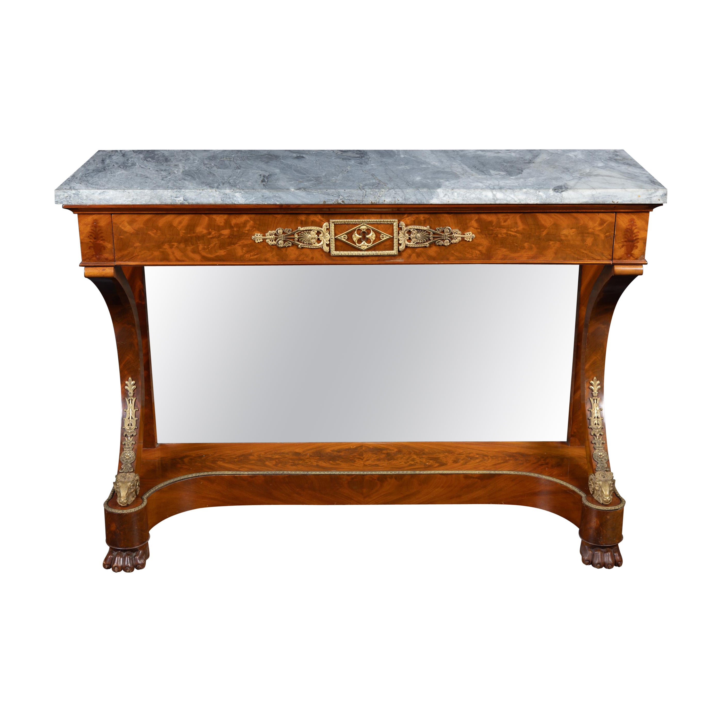 Console française du 19e siècle avec montures en bronze d'Ore et plateau en marbre