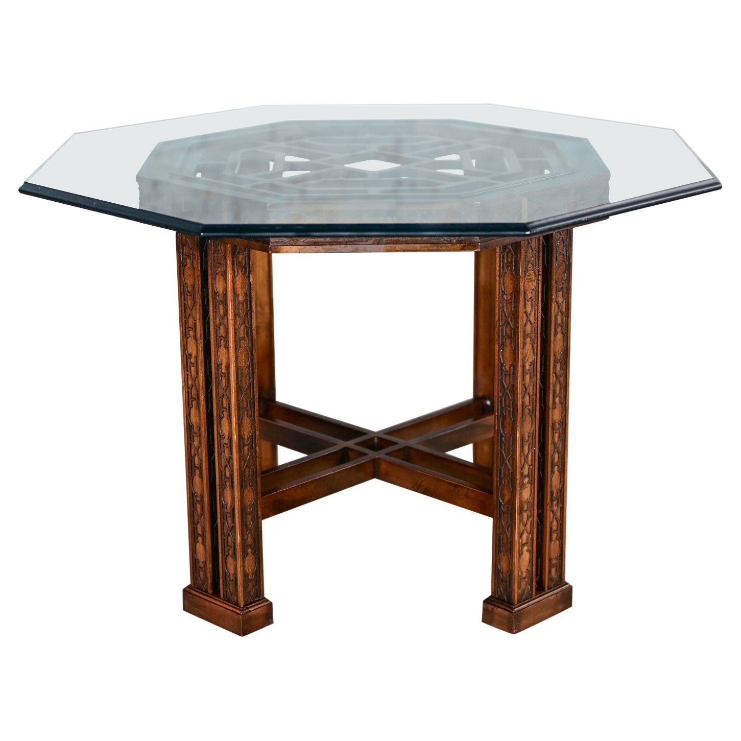 Chinese Chippendale Drexel Heritage Octagon Center or Dining Table w/Glass Top