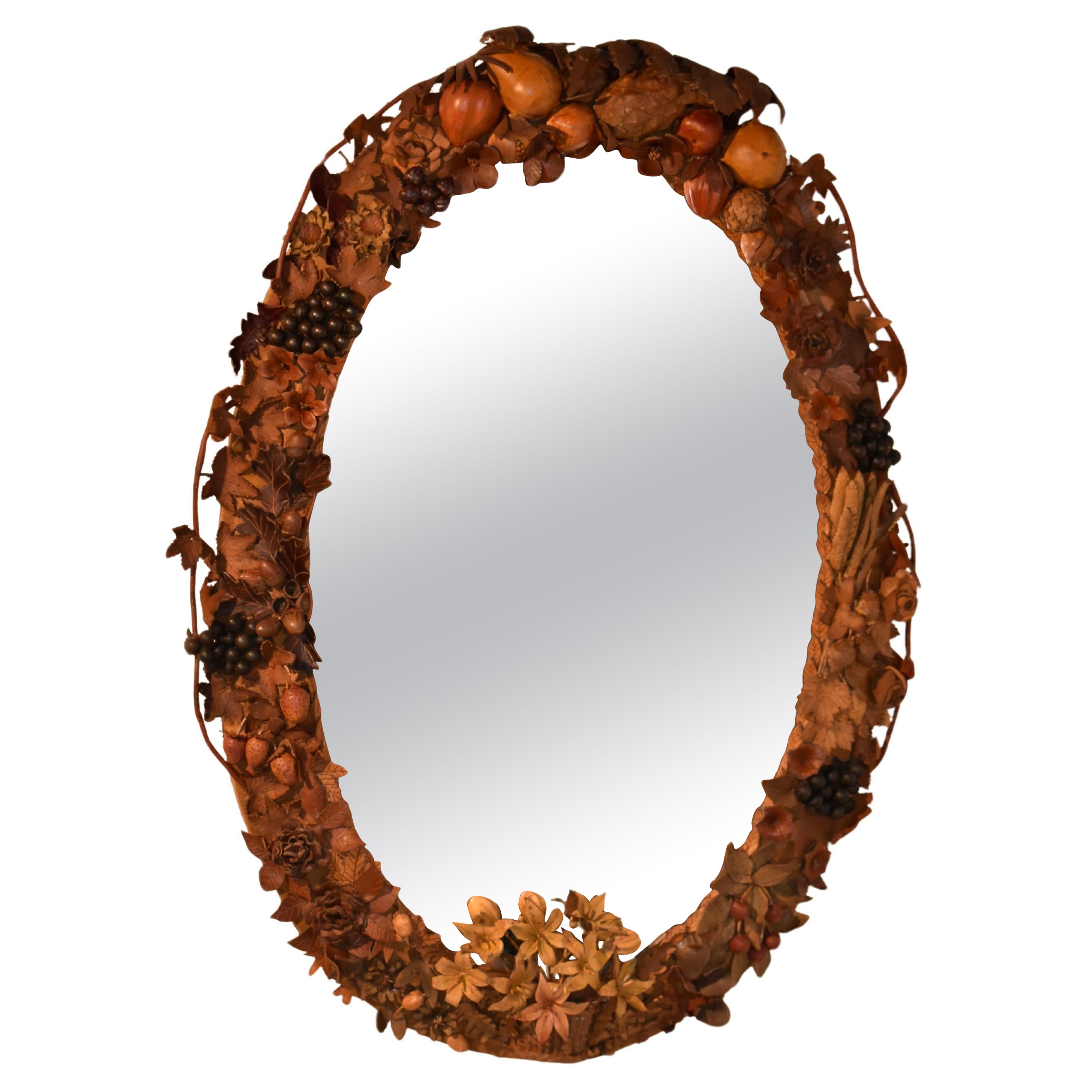 19th Century French Leather Floral and Fruit Wall Mirror