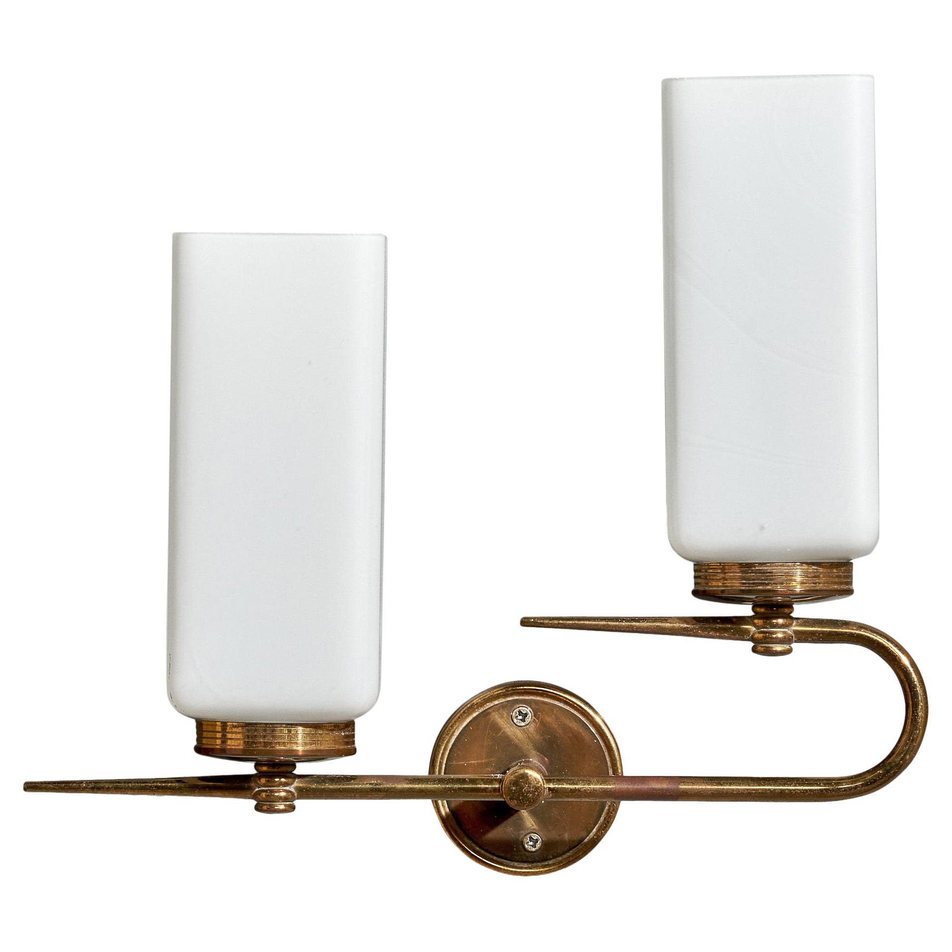French Designer, Wall Light, Brass, Glass, France, 1950s