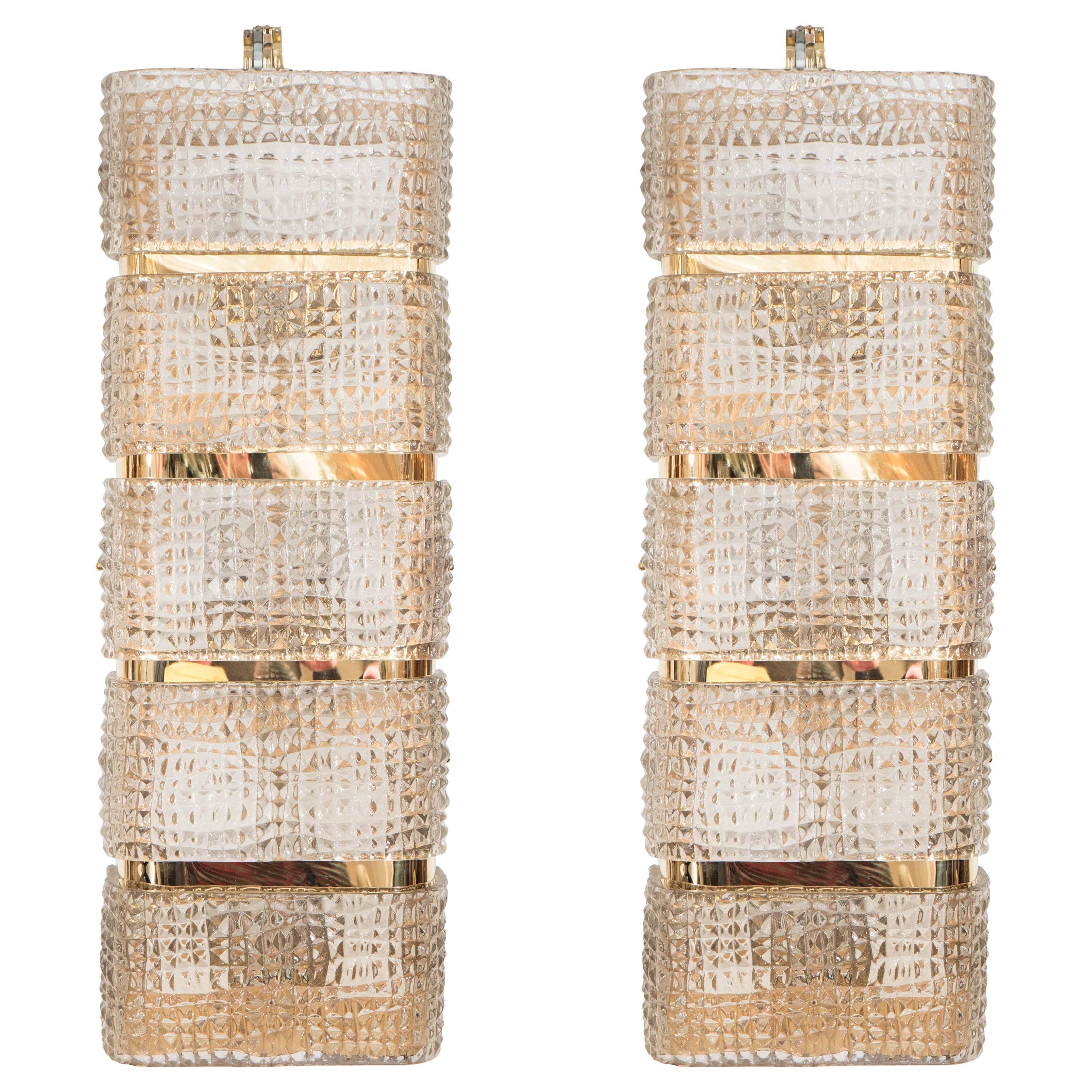 Pair of Grand Smoked Glass and Brass Banded Sconces