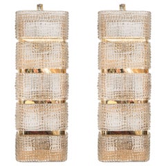 Pair of Grand Smoked Glass and Brass Banded Sconces