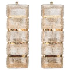 Pair of Grand Smoked Glass and Brass Banded Sconces 8