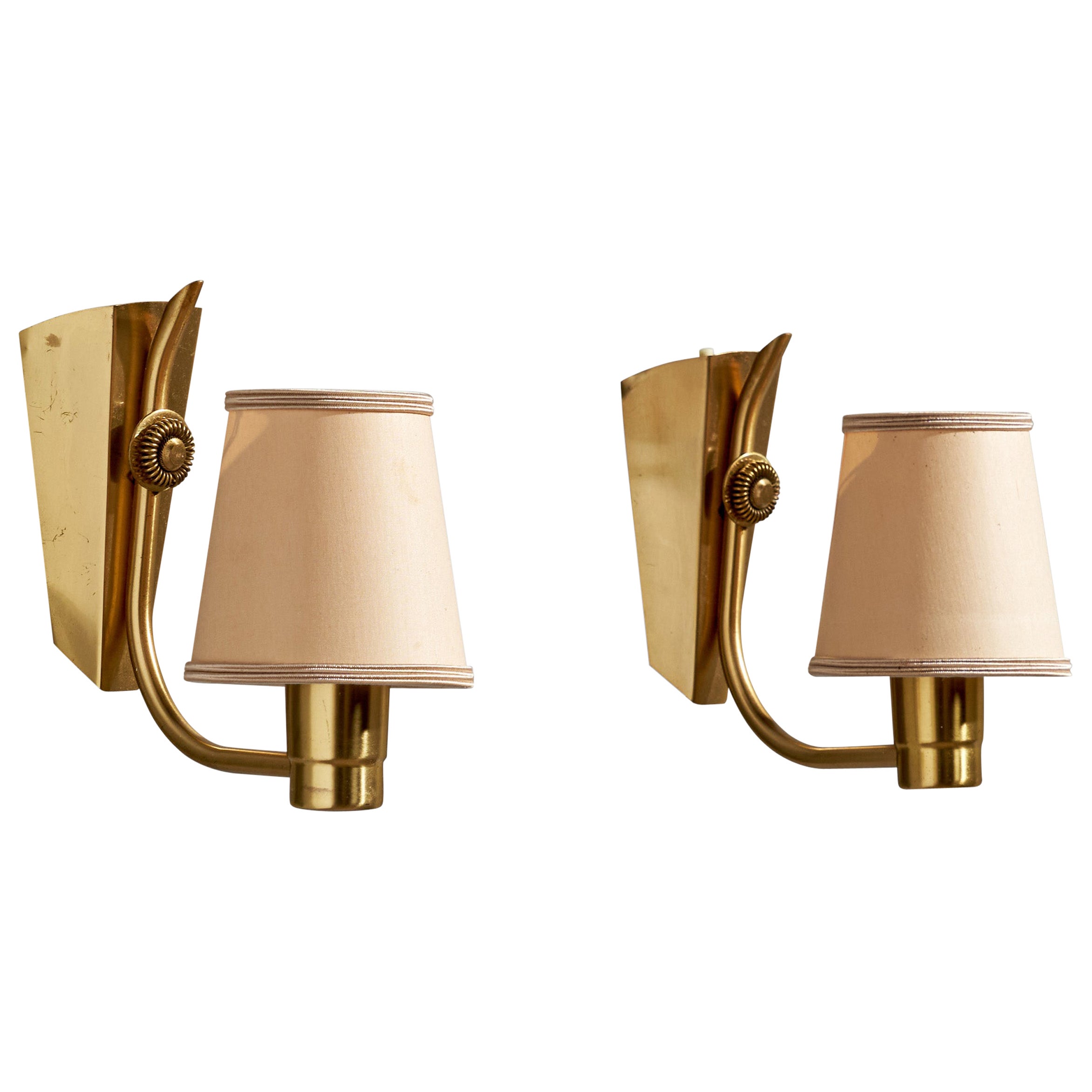 Brødrene Sæther, Wall Lights, Brass, Fabric, Norway, 1940s
