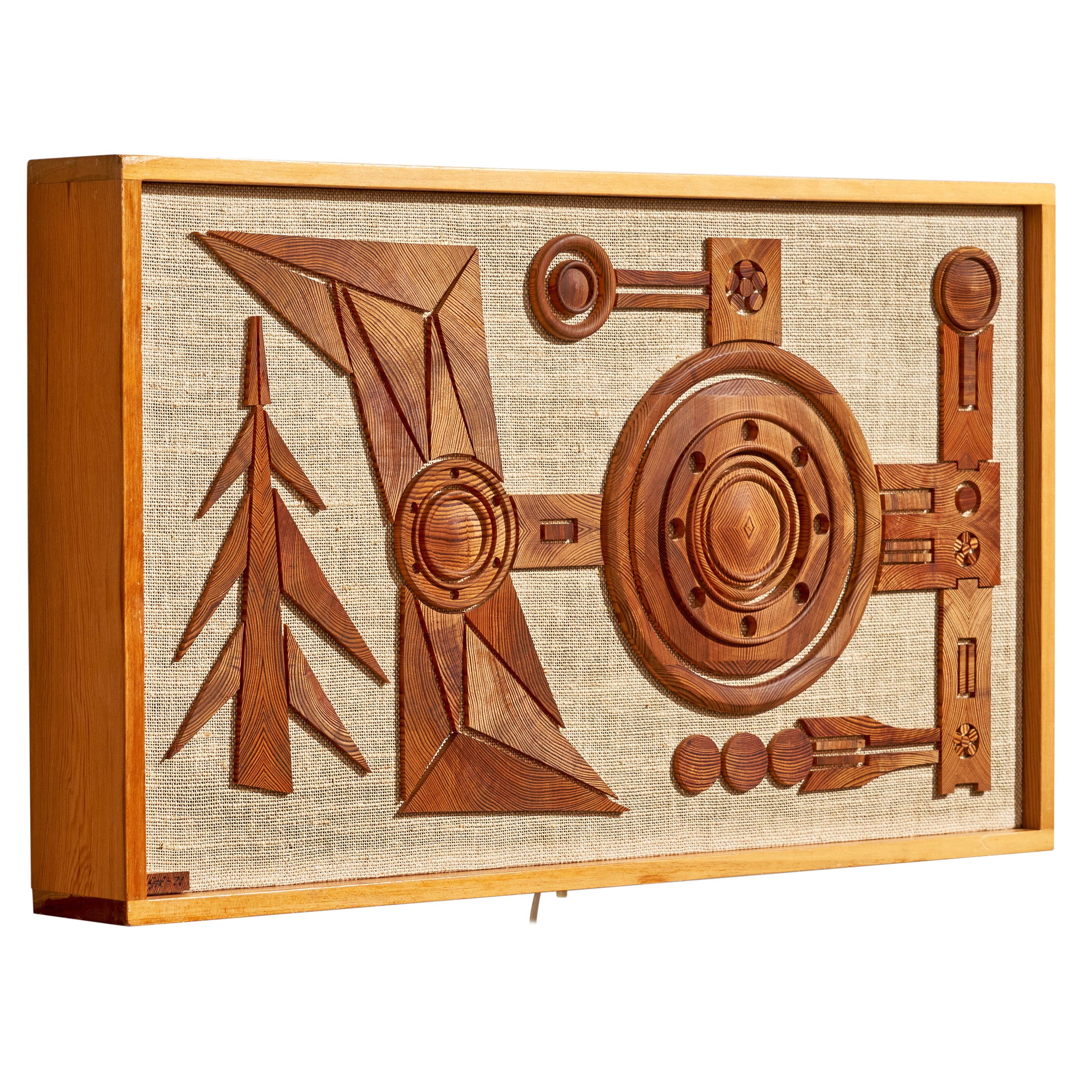 Schwedische Designerin, Wandleuchte, Kiefernholz, Raffia, Schweden, 1971