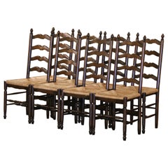 Country French Carved Walnut Ladder Back Chairs with Rush Seat, Set of Eight