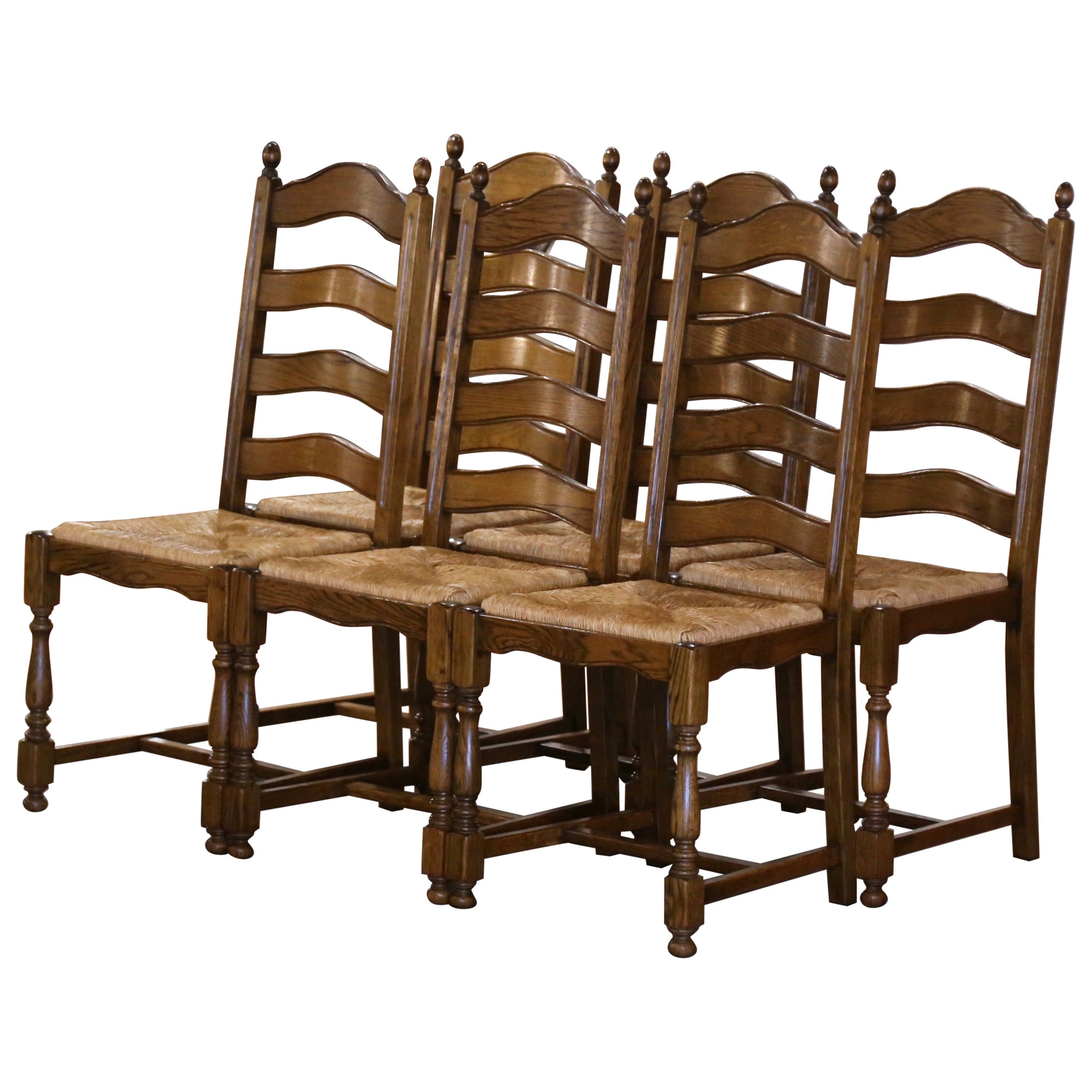 Country French Carved Oak Ladder Back Chairs with Rush Seat, Set of Six