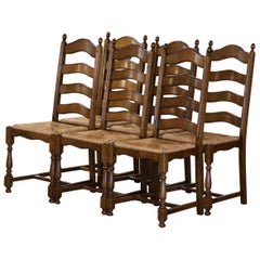 Sedie con schienale a scaletta in Oak Oak con sedile in giunco, set di sei sedie
