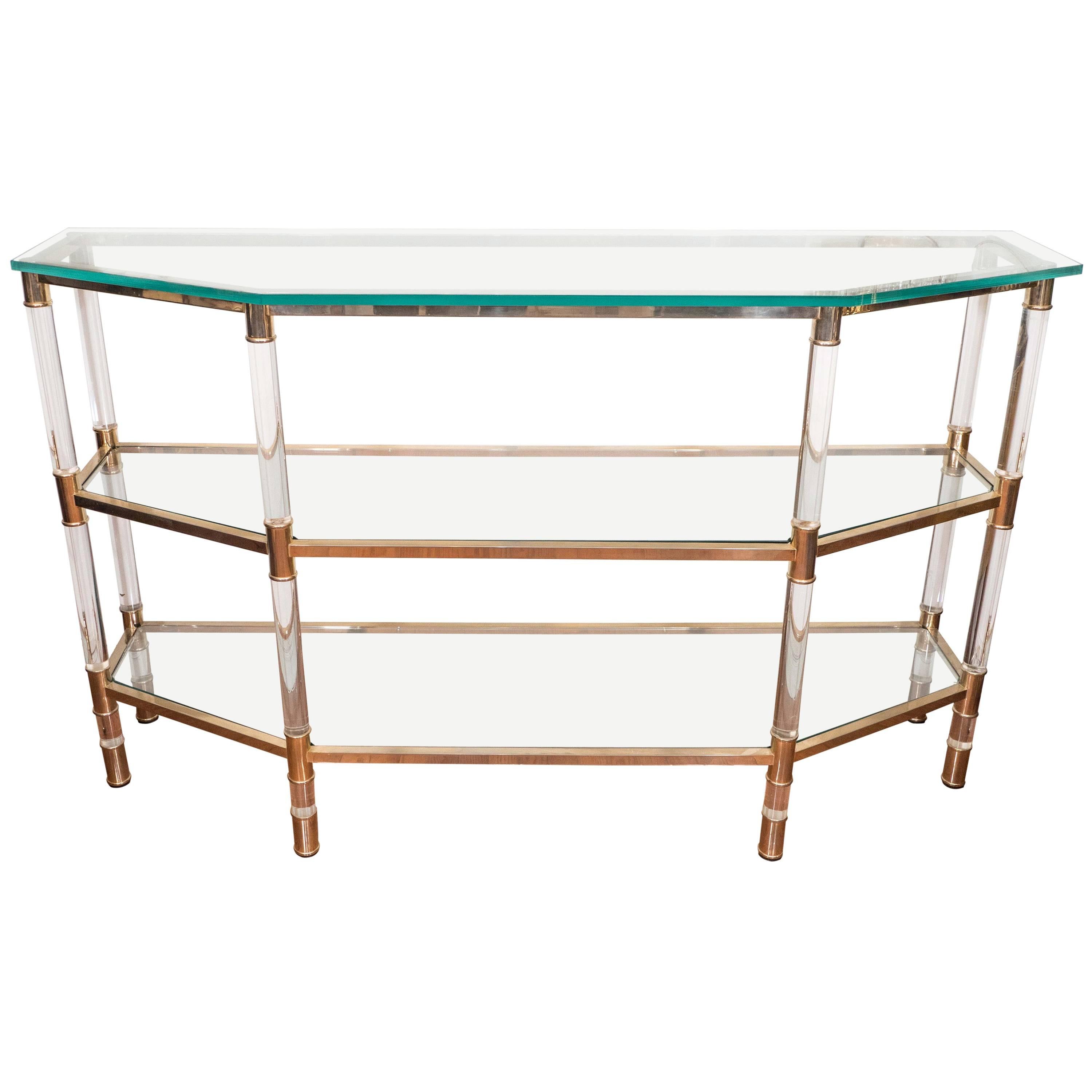 Three-Tier Lucite and Brass Console