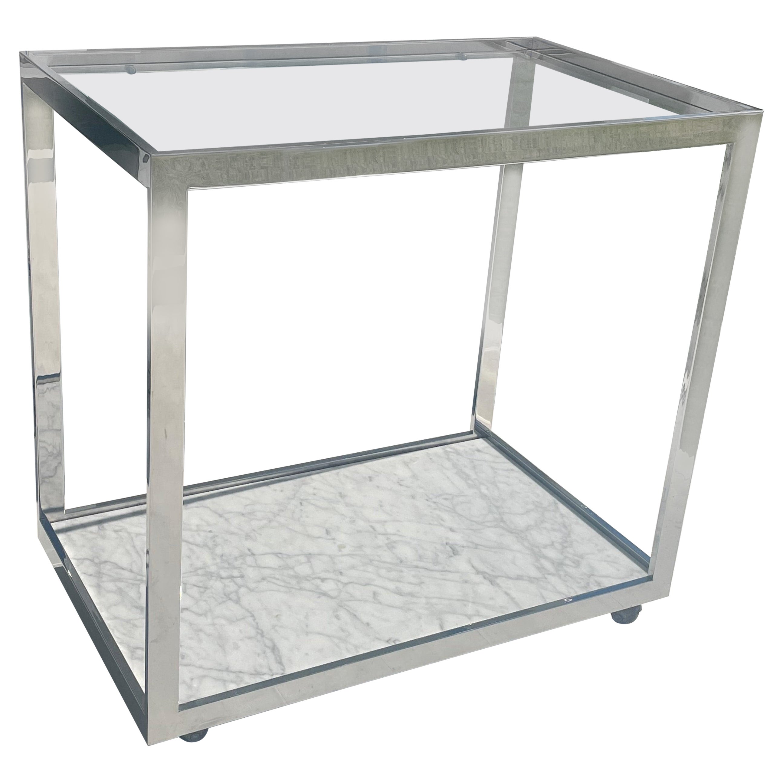 1970s Chrome, Marble and Glass Bar Cart on Wheels