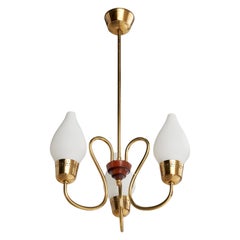 Designer suédois, lustre, laiton, verre, Wood, Suède, années 1950