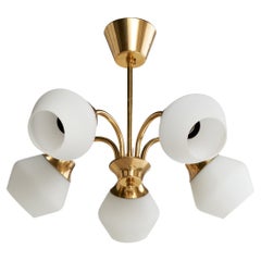 Swedish Designer, Chandelier, Brass, Glass, Sweden, 1950s