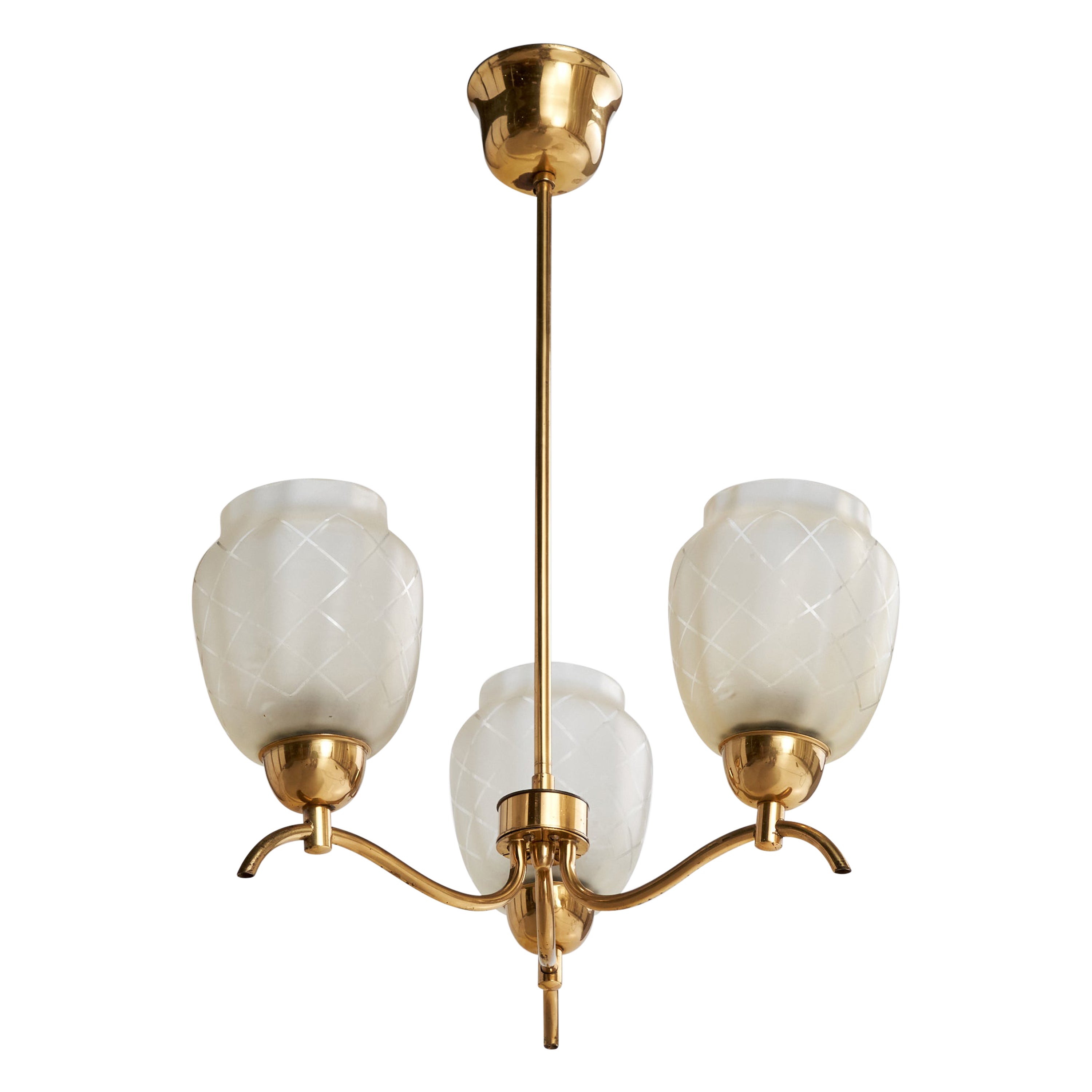 Swedish Designer, Chandelier, Brass, glass, Sweden, 1950s